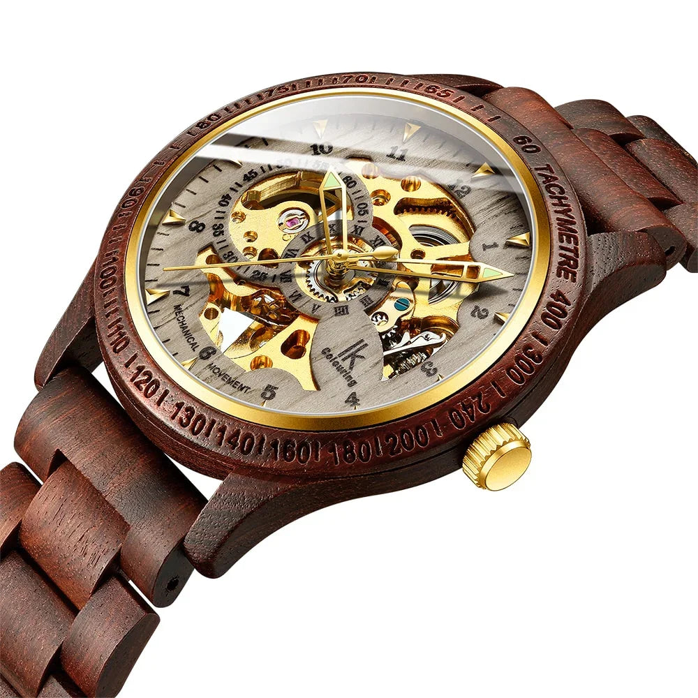 Men's wooden bracelet with gold mechanical watch face, visible gears, and tachymeter bezel