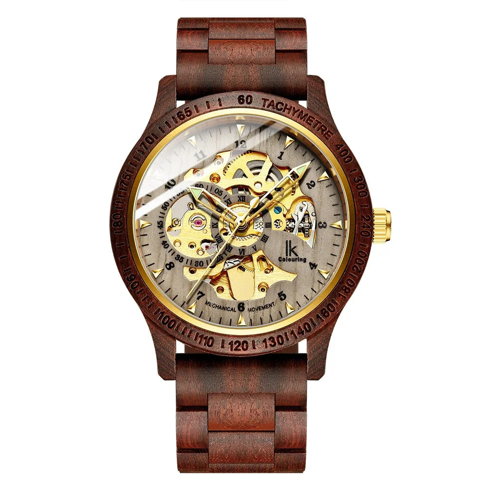 Men's wood bracelet with gold mechanical design and tachymeter, stylish engraved details