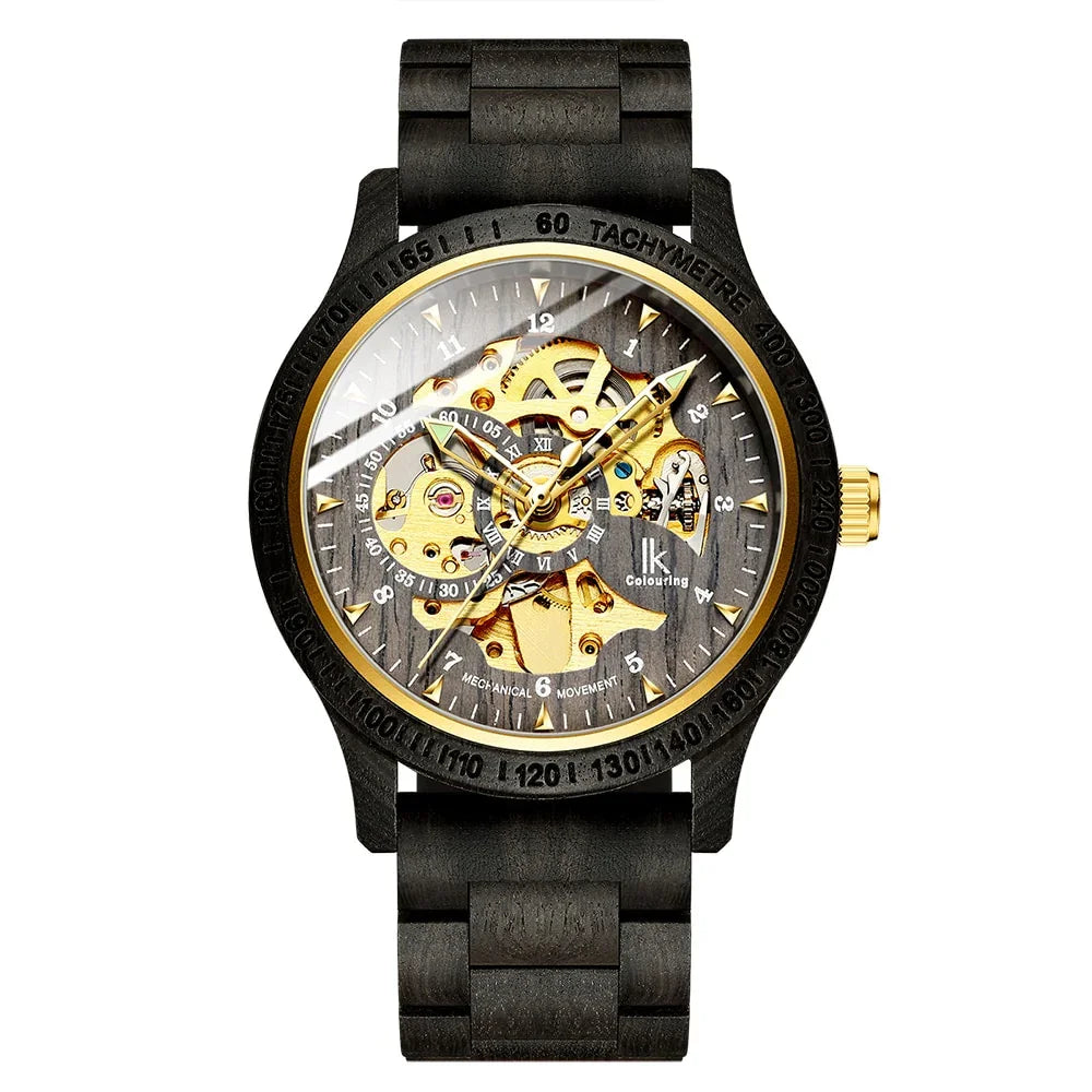 Men's skeleton mechanical watch with black wood band and gold gears on white background