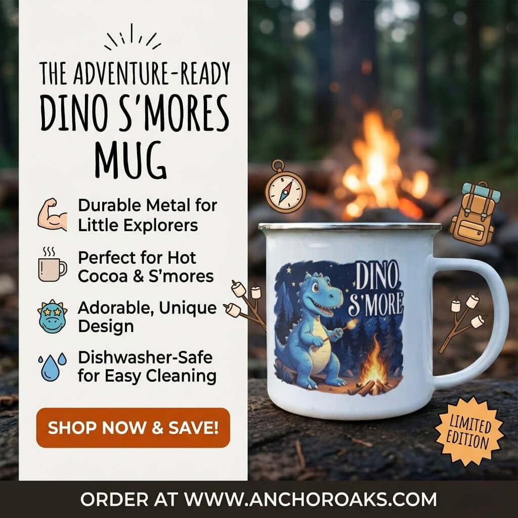 Kids mug with dinosaur roasting s’more
