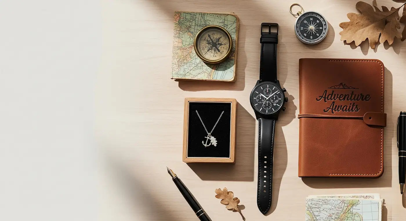 Watch, necklace, compass, and leather notebook with 'Adventure Awaits' on a light surface.