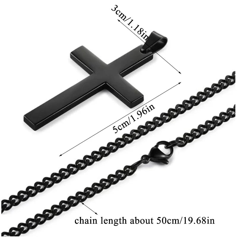 Black cross bracelet with curb chain, measurements displayed, minimalist design