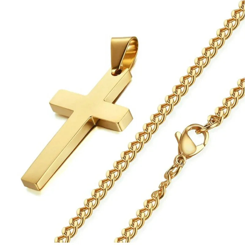 Gold bracelet with cross charm and chain clasp on white background