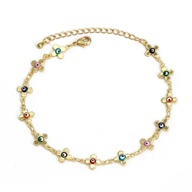 Gold bracelet with colorful floral charms, adjustable chain, delicate jewelry for her