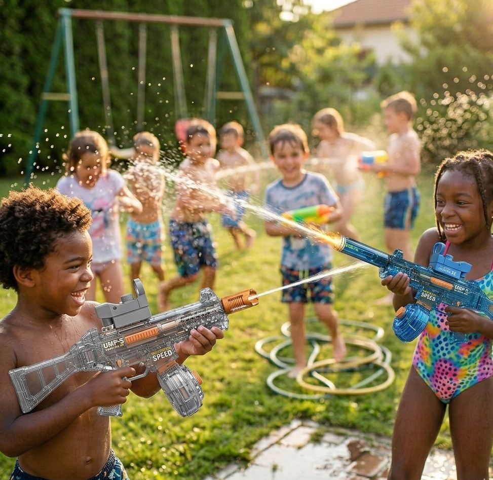 A close-up photograph of a vibrant backyard water battle on a sunny day. A smiling Black boy in dinosaur-print swim trunks is in the left foreground, aiming a detailed translucent electric water blaster with a mounted optic sight. He is firing a powerful stream of water. To his right, a Black girl with braided hair in a colorful one-piece swimsuit holds a matching blue translucent blaster, also firing. They are surrounded by a diverse group of laughing children, all running and splashing. A full swing set a