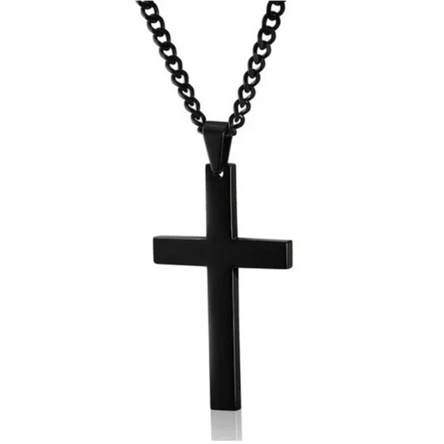 Black cross pendant bracelet with sleek chain on white background, minimalist jewelry