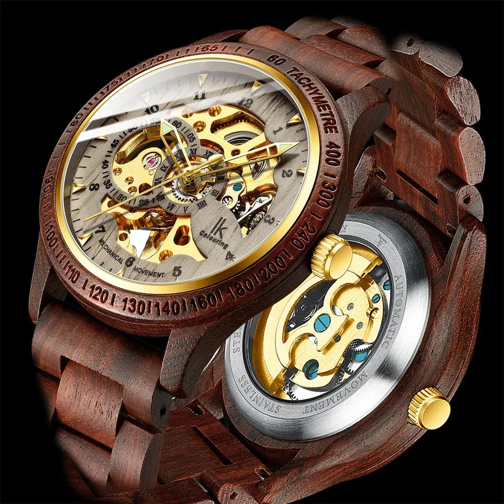 Wood and gold tone mechanical watch with visible gears and dark wood link band on black background