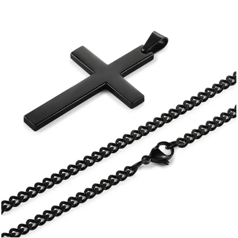Black stainless steel cross bracelet with chain and lobster clasp on white background