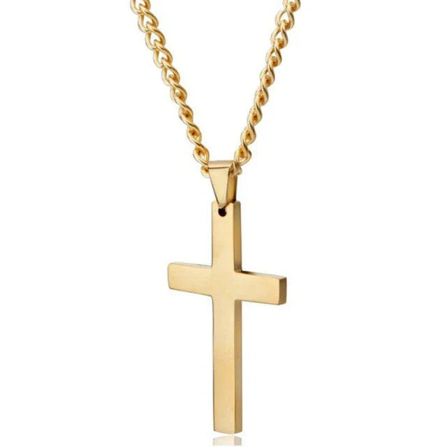 Gold chain bracelet with a simple cross charm, modern jewelry accessory on white background.
